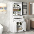 Meuble de rangement de salle de bain blanc avec deux portes, tiroirs, étagère réglable et trois étagères ouvertes - Construction en MDF durable