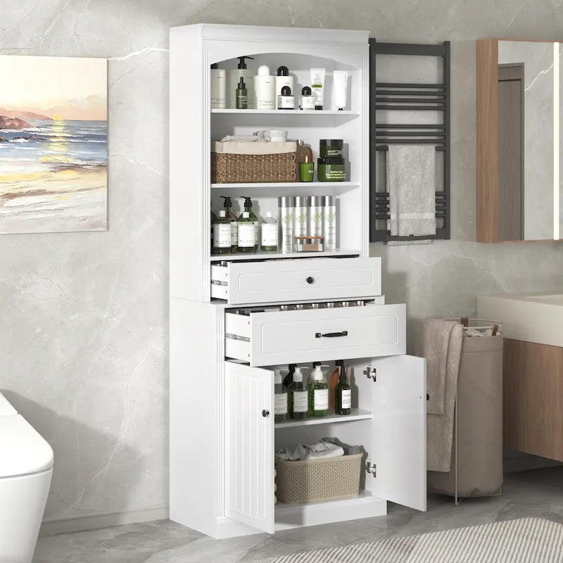 Meuble de rangement de salle de bain blanc avec deux portes, tiroirs, étagère réglable et trois étagères ouvertes - Construction en MDF durable
