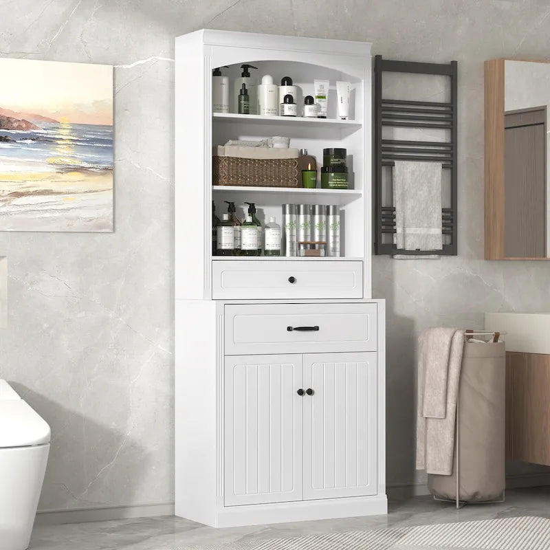 Meuble de rangement de salle de bain blanc avec deux portes, tiroirs, étagère réglable et trois étagères ouvertes - Construction en MDF durable