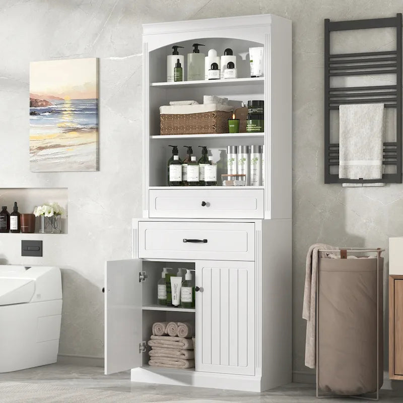 Meuble de rangement de salle de bain blanc avec deux portes, tiroirs, étagère réglable et trois étagères ouvertes - Construction en MDF durable