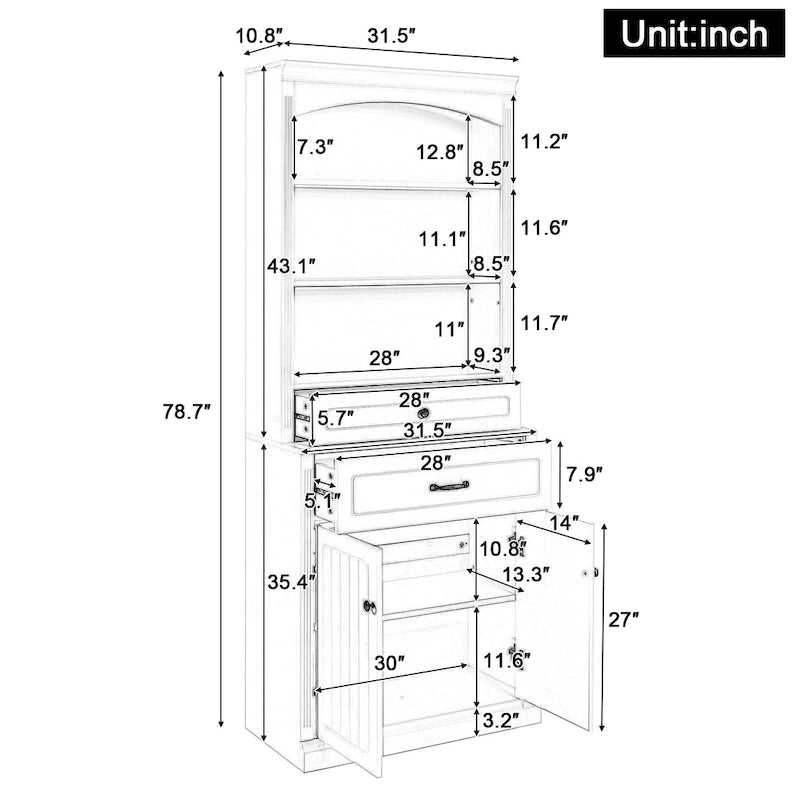 Meuble de rangement de salle de bain blanc avec deux portes, tiroirs, étagère réglable et trois étagères ouvertes - Construction en MDF durable