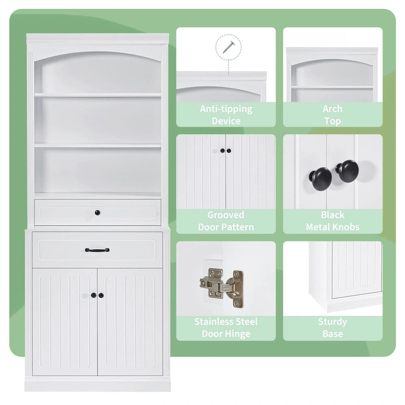 Meuble de rangement de salle de bain blanc avec deux portes, tiroirs, étagère réglable et trois étagères ouvertes - Construction en MDF durable