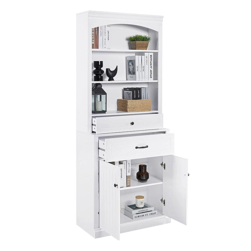 Meuble de rangement de salle de bain blanc avec deux portes, tiroirs, étagère réglable et trois étagères ouvertes - Construction en MDF durable
