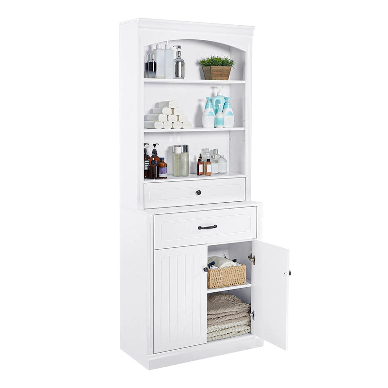 Meuble de rangement de salle de bain blanc avec deux portes, tiroirs, étagère réglable et trois étagères ouvertes - Construction en MDF durable