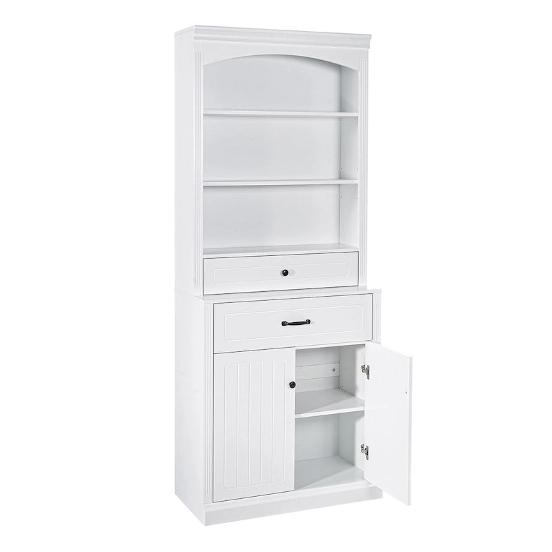 Meuble de rangement de salle de bain blanc avec deux portes, tiroirs, étagère réglable et trois étagères ouvertes - Construction en MDF durable