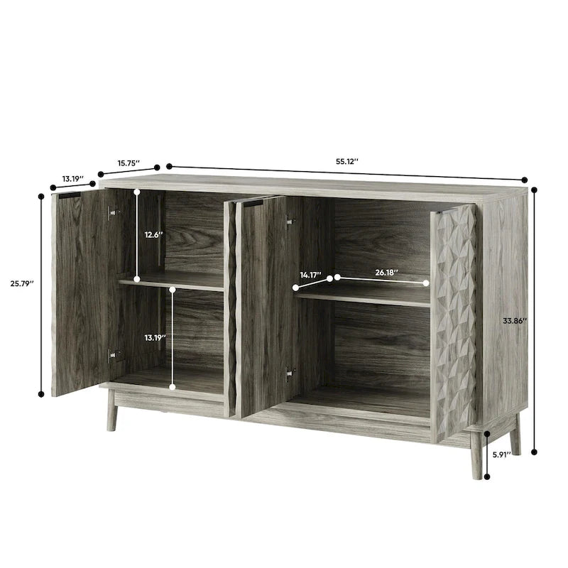 Buffet moderne, buffet avec rangement, armoire de rangement avec 4 portes à motifs losanges en relief