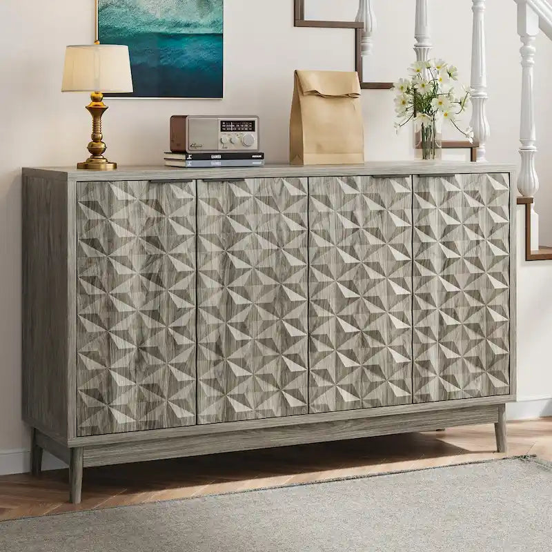 Buffet moderne, buffet avec rangement, armoire de rangement avec 4 portes à motifs losanges en relief