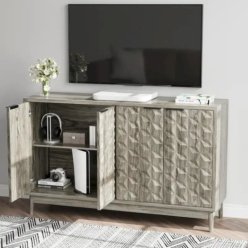 Buffet moderne, buffet avec rangement, armoire de rangement avec 4 portes à motifs losanges en relief