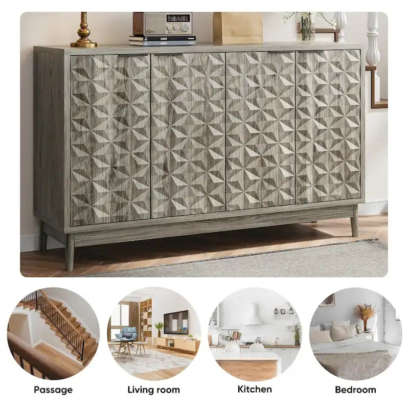Buffet moderne, buffet avec rangement, armoire de rangement avec 4 portes à motifs losanges en relief