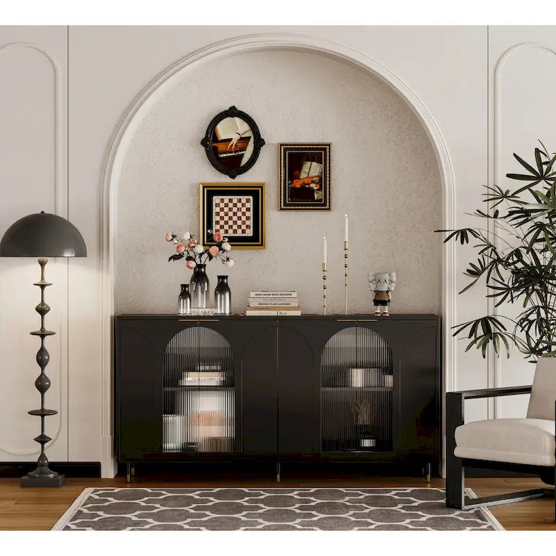 Meuble d'appoint | Cabinet noir laqué en bois avec 4 portes vitrées | Buffet | Desserte | Armoire de rangement