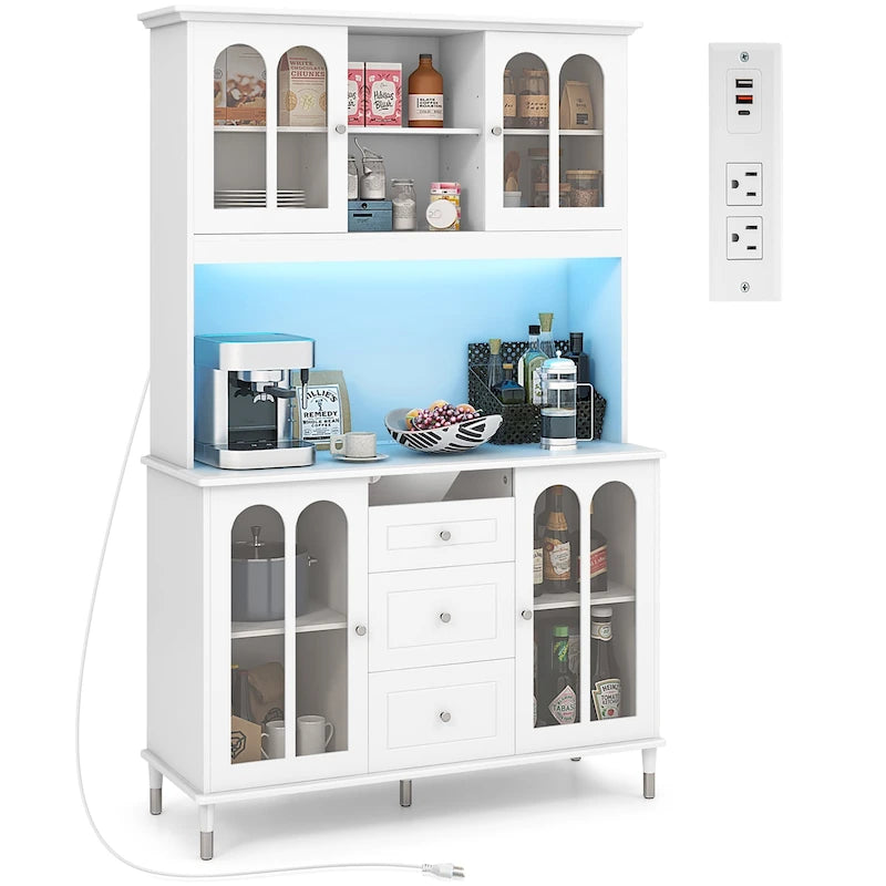 Gymax Armoire de cuisine haute 73 po avec lumières DEL et prise électrique
