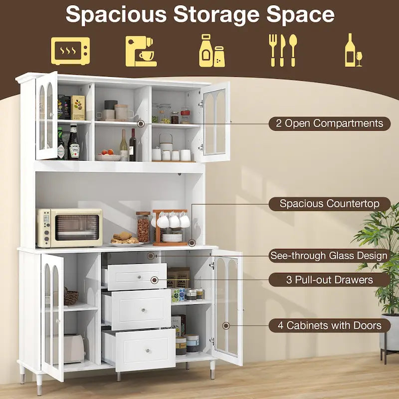 Gymax Armoire de cuisine haute 73 po avec lumières DEL et prise électrique