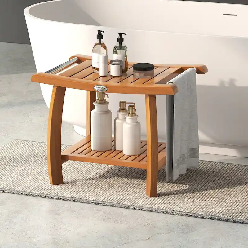 Banc de douche en teck Gymax, tabouret de douche en bois à 2 niveaux avec siège incurvé
