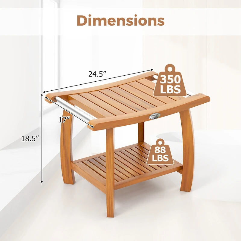 Banc de douche en teck Gymax, tabouret de douche en bois à 2 niveaux avec siège incurvé