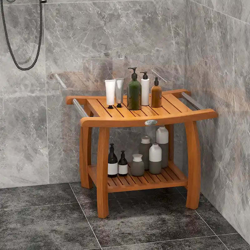 Banc de douche en teck Gymax, tabouret de douche en bois à 2 niveaux avec siège incurvé