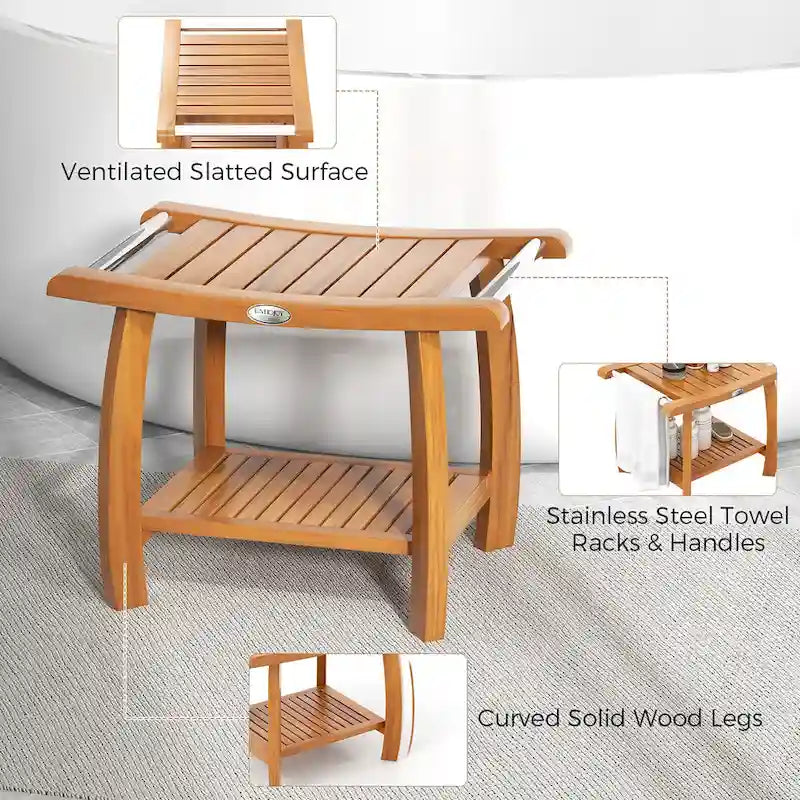 Banc de douche en teck Gymax, tabouret de douche en bois à 2 niveaux avec siège incurvé