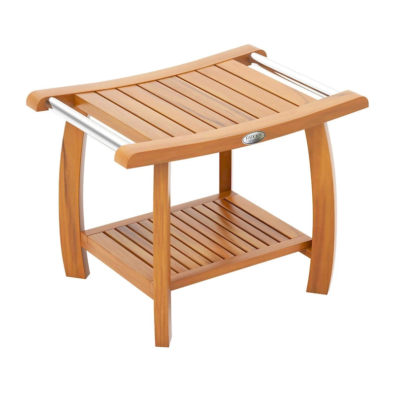 Banc de douche en teck Gymax, tabouret de douche en bois à 2 niveaux avec siège incurvé