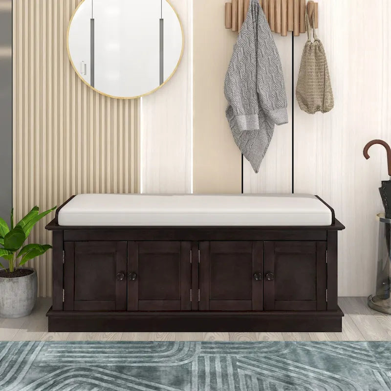 Banc de rangement pour couloir avec 4 portes et étagères réglables, meuble à chaussures d'entrée de 108,5 cm avec coussin amovible pour salon