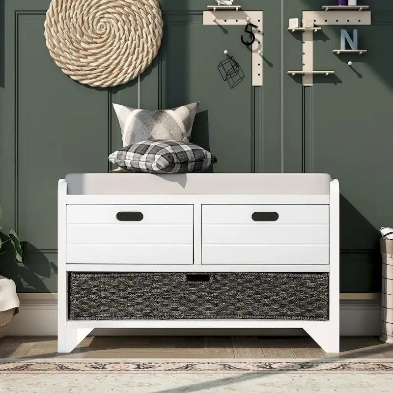 Banc de rangement en bois avec 1 panier amovible et 2 tiroirs, tabouret à chaussures entièrement assemblé 32 banc d'entrée avec coussin amovible