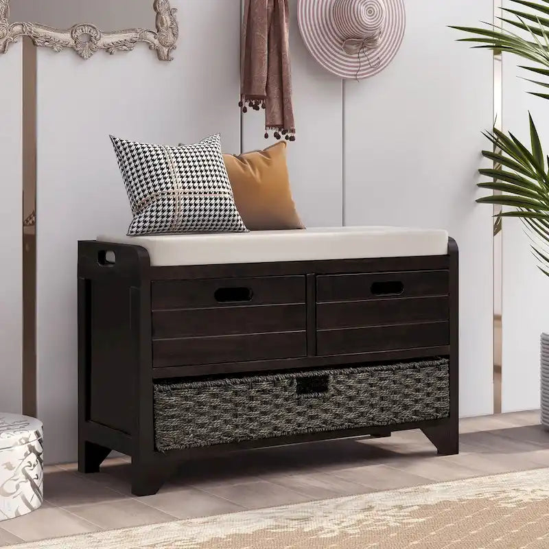 Banc de rangement en bois avec 1 panier amovible et 2 tiroirs, tabouret à chaussures entièrement assemblé 32 banc d'entrée avec coussin amovible