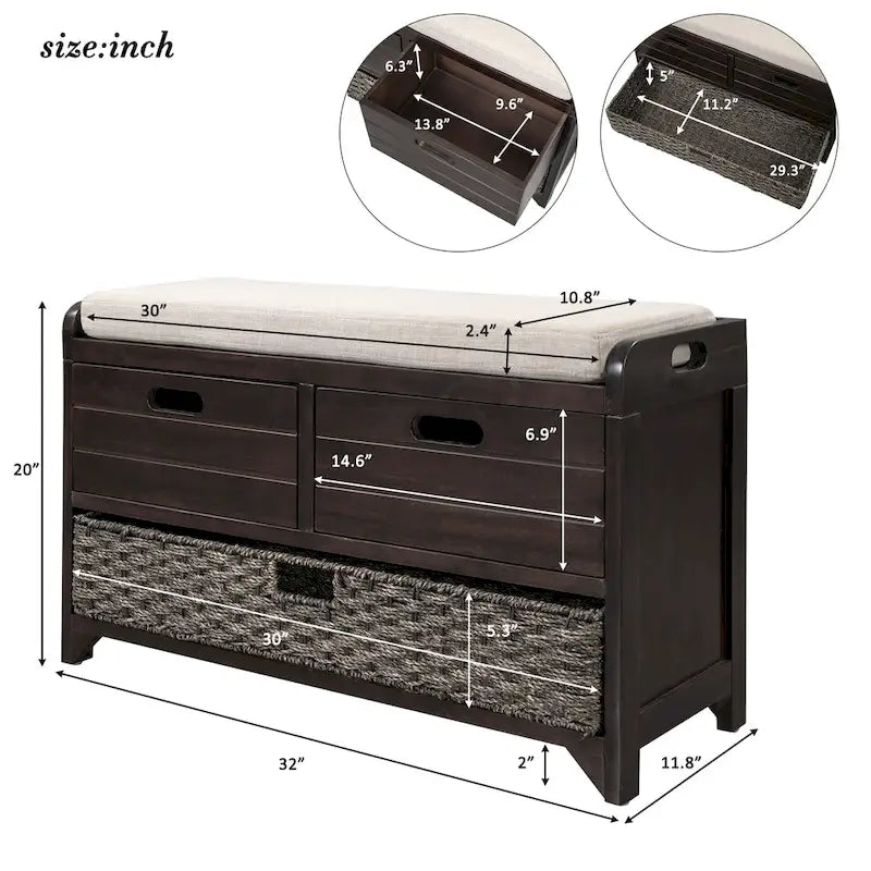 Banc de rangement en bois avec 1 panier amovible et 2 tiroirs, tabouret à chaussures entièrement assemblé 32 banc d'entrée avec coussin amovible