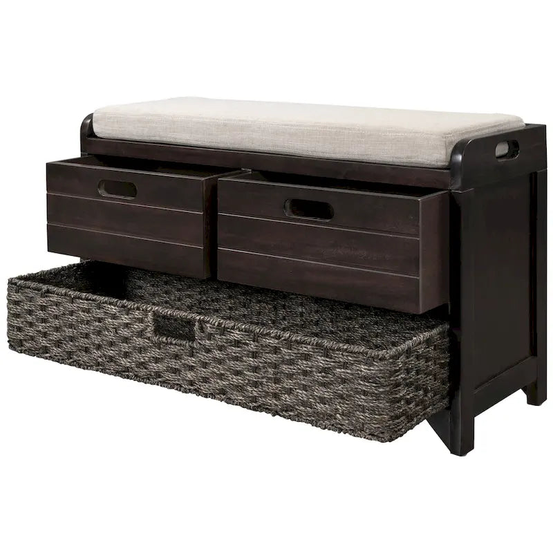 Banc de rangement en bois avec 1 panier amovible et 2 tiroirs, tabouret à chaussures entièrement assemblé 32 banc d'entrée avec coussin amovible