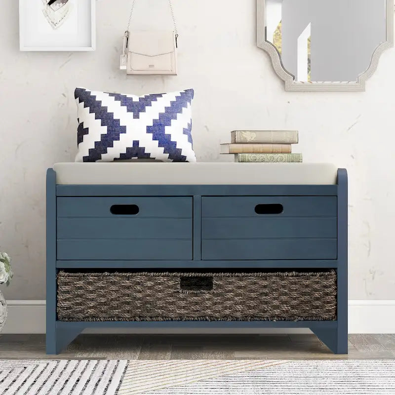 Banc de rangement en bois avec 1 panier amovible et 2 tiroirs, tabouret à chaussures entièrement assemblé 32 banc d'entrée avec coussin amovible