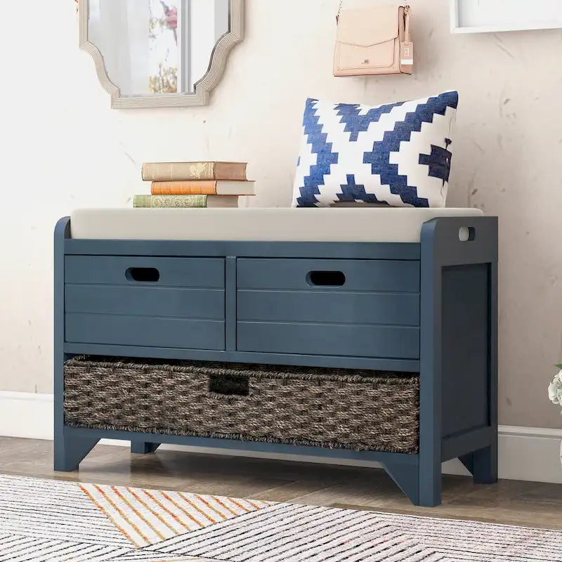 Banc de rangement en bois avec 1 panier amovible et 2 tiroirs, tabouret à chaussures entièrement assemblé 32 banc d'entrée avec coussin amovible