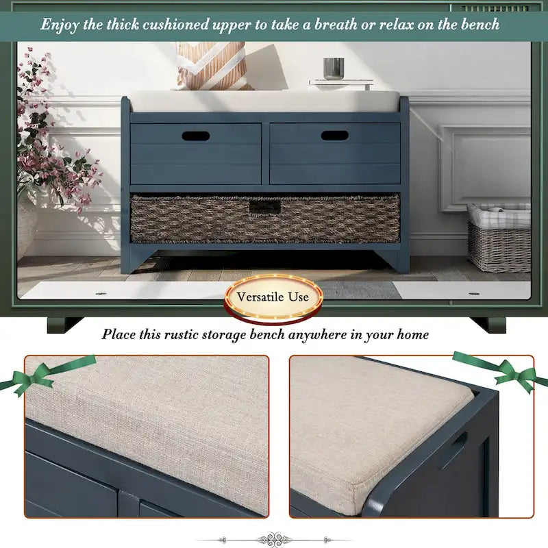 Banc de rangement en bois avec 1 panier amovible et 2 tiroirs, tabouret à chaussures entièrement assemblé 32 banc d'entrée avec coussin amovible