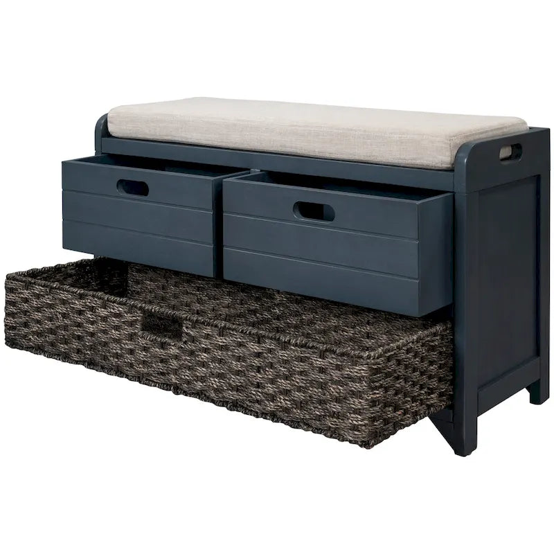 Banc de rangement en bois avec 1 panier amovible et 2 tiroirs, tabouret à chaussures entièrement assemblé 32 banc d'entrée avec coussin amovible