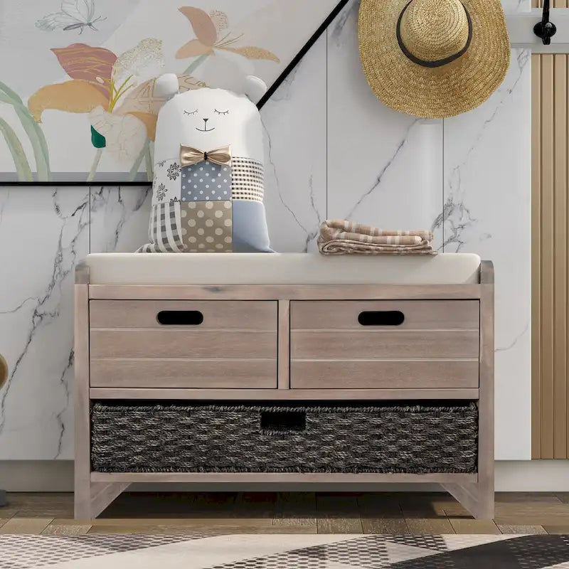 Banc de rangement en bois avec 1 panier amovible et 2 tiroirs, tabouret à chaussures entièrement assemblé 32 banc d'entrée avec coussin amovible