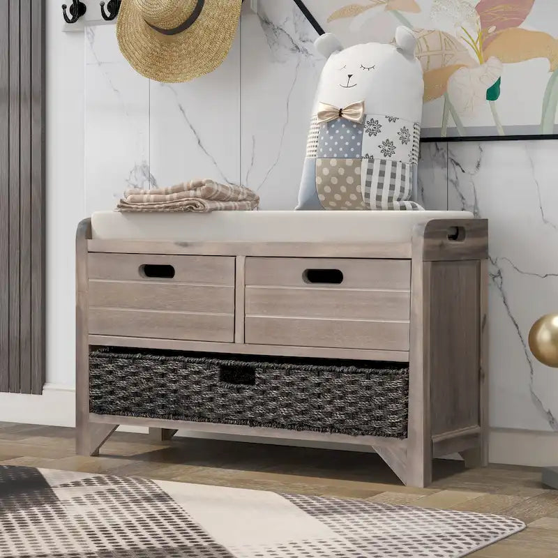 Banc de rangement en bois avec 1 panier amovible et 2 tiroirs, tabouret à chaussures entièrement assemblé 32 banc d'entrée avec coussin amovible