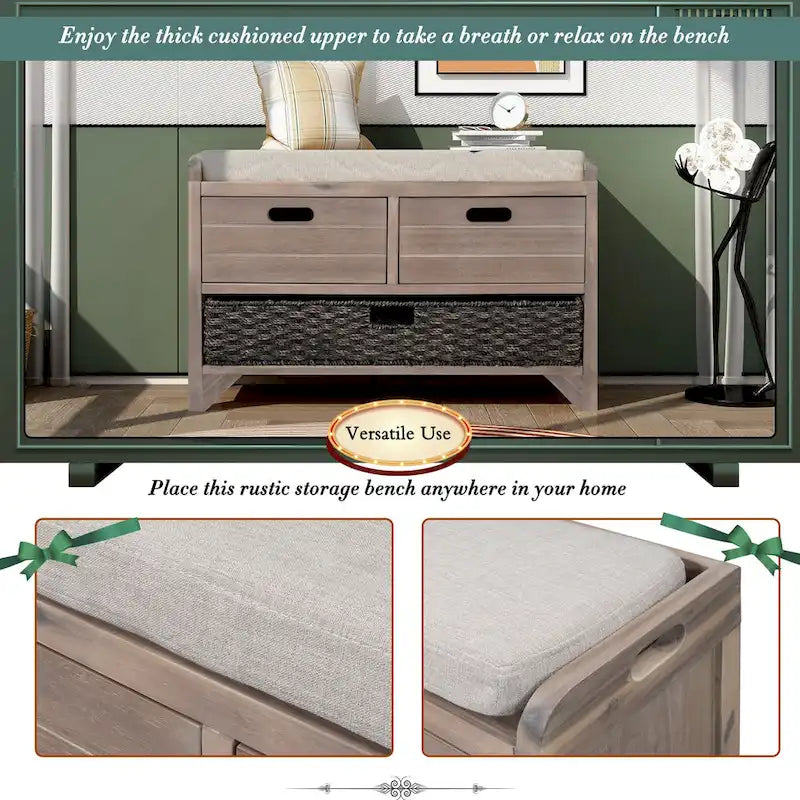 Banc de rangement en bois avec 1 panier amovible et 2 tiroirs, tabouret à chaussures entièrement assemblé 32 banc d'entrée avec coussin amovible