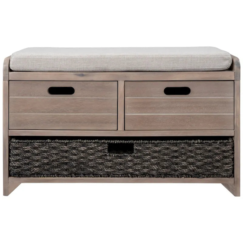 Banc de rangement en bois avec 1 panier amovible et 2 tiroirs, tabouret à chaussures entièrement assemblé 32 banc d'entrée avec coussin amovible