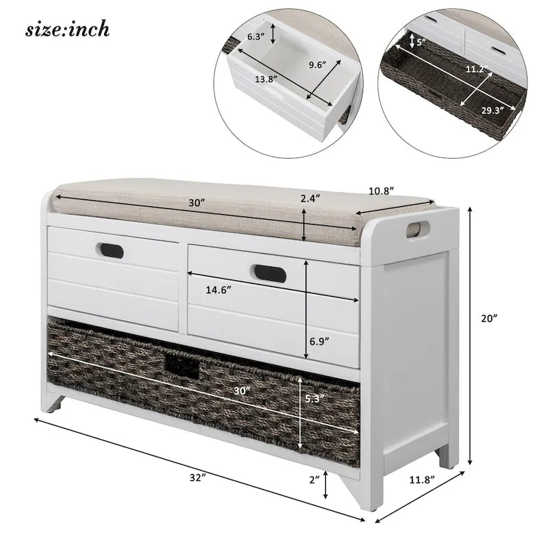 Banc de rangement en bois avec 1 panier amovible et 2 tiroirs, tabouret à chaussures entièrement assemblé 32 banc d'entrée avec coussin amovible