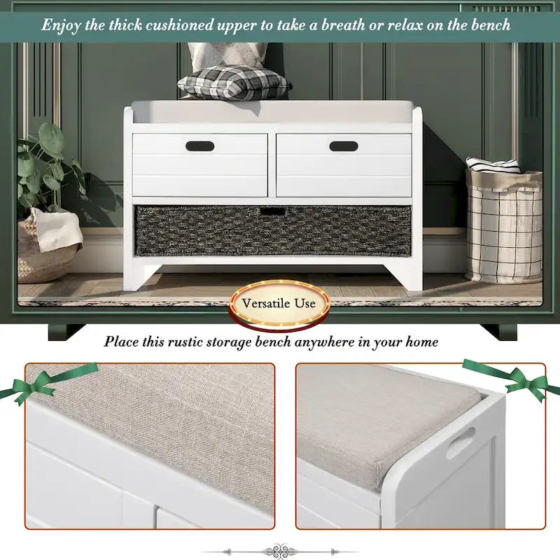 Banc de rangement en bois avec 1 panier amovible et 2 tiroirs, tabouret à chaussures entièrement assemblé 32 banc d'entrée avec coussin amovible