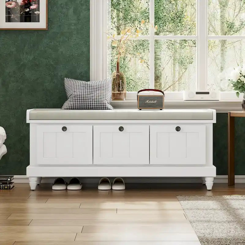 Banc à chaussures avec coussin rabattable et espace de rangement caché, banc de rangement à chaussures pour entrée avec 3 tiroirs, banc de bout de lit pour chambre