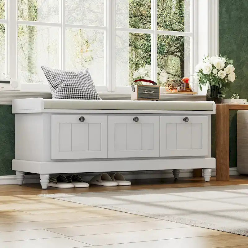 Banc à chaussures avec coussin rabattable et espace de rangement caché, banc de rangement à chaussures pour entrée avec 3 tiroirs, banc de bout de lit pour chambre