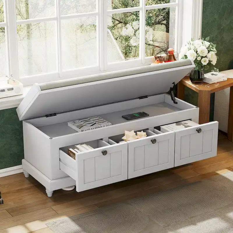 Banc à chaussures avec coussin rabattable et espace de rangement caché, banc de rangement à chaussures pour entrée avec 3 tiroirs, banc de bout de lit pour chambre