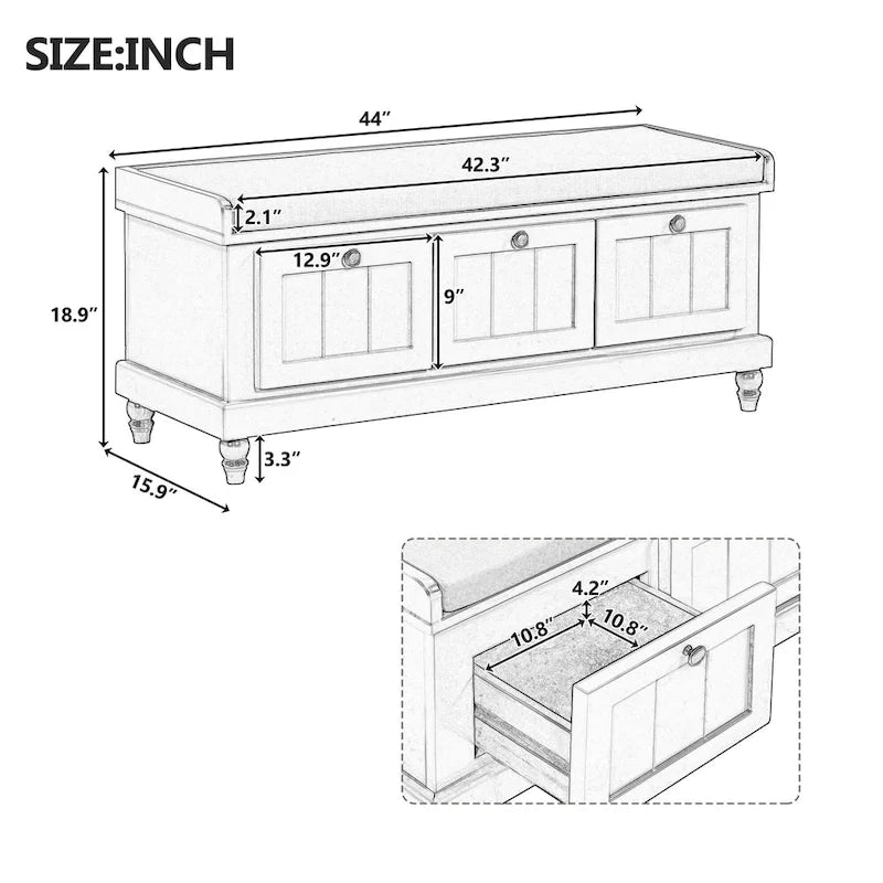 Banc à chaussures avec coussin rabattable et espace de rangement caché, banc de rangement à chaussures pour entrée avec 3 tiroirs, banc de bout de lit pour chambre