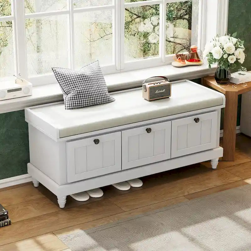 Banc à chaussures avec coussin rabattable et espace de rangement caché, banc de rangement à chaussures pour entrée avec 3 tiroirs, banc de bout de lit pour chambre