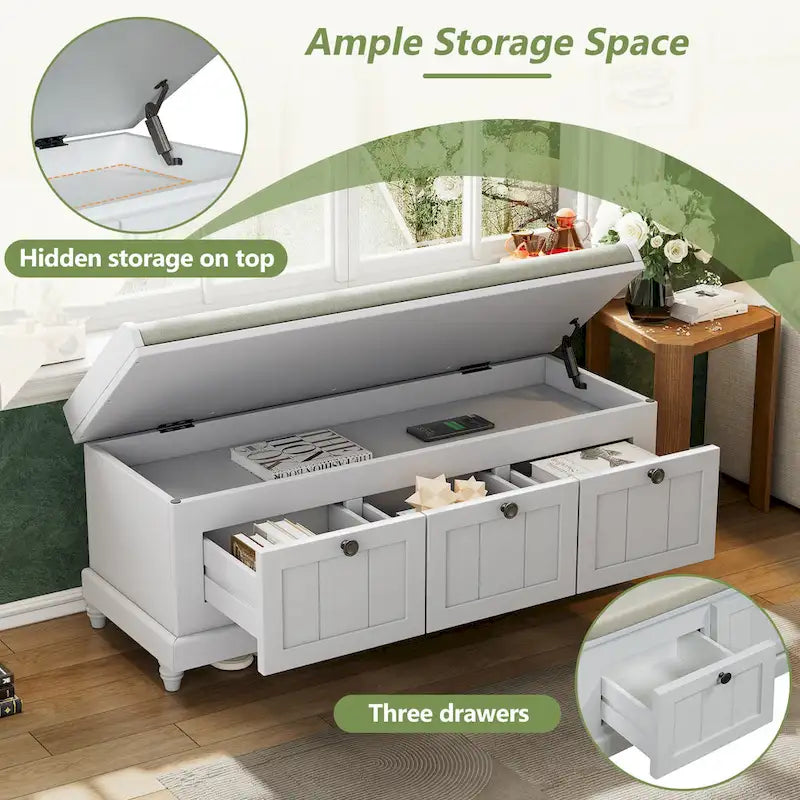 Banc à chaussures avec coussin rabattable et espace de rangement caché, banc de rangement à chaussures pour entrée avec 3 tiroirs, banc de bout de lit pour chambre