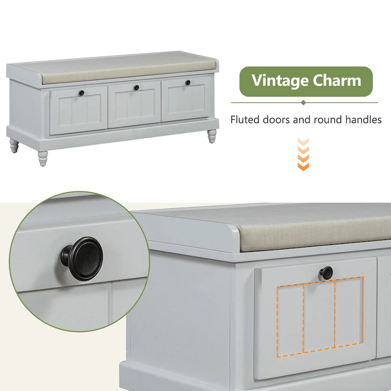 Banc à chaussures avec coussin rabattable et espace de rangement caché, banc de rangement à chaussures pour entrée avec 3 tiroirs, banc de bout de lit pour chambre