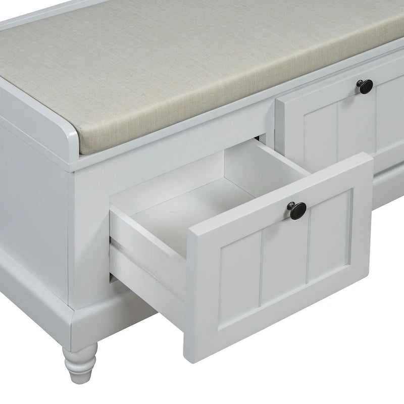 Banc à chaussures avec coussin rabattable et espace de rangement caché, banc de rangement à chaussures pour entrée avec 3 tiroirs, banc de bout de lit pour chambre