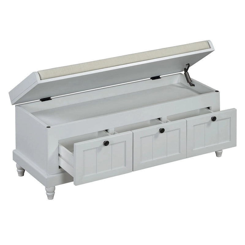 Banc à chaussures avec coussin rabattable et espace de rangement caché, banc de rangement à chaussures pour entrée avec 3 tiroirs, banc de bout de lit pour chambre