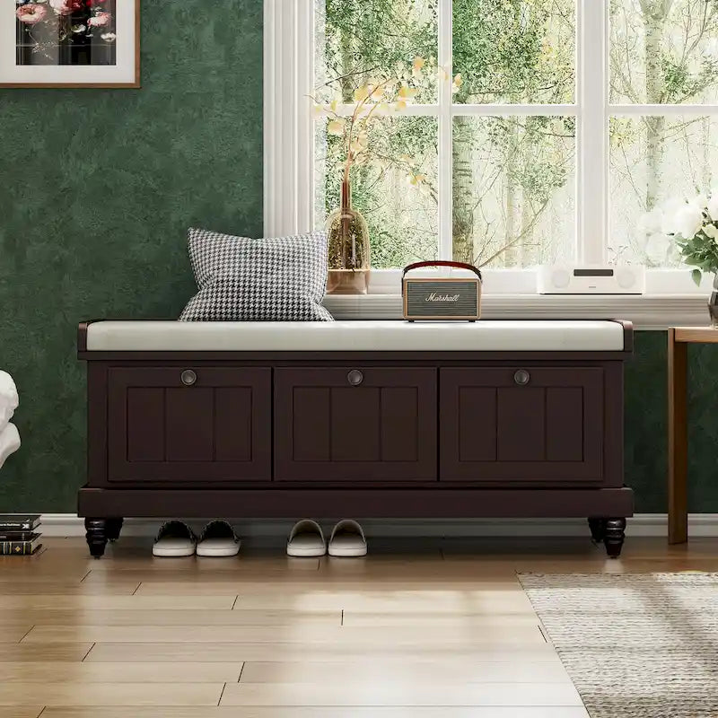 Banc à chaussures avec coussin rabattable et espace de rangement caché, banc de rangement à chaussures pour entrée avec 3 tiroirs, banc de bout de lit pour chambre