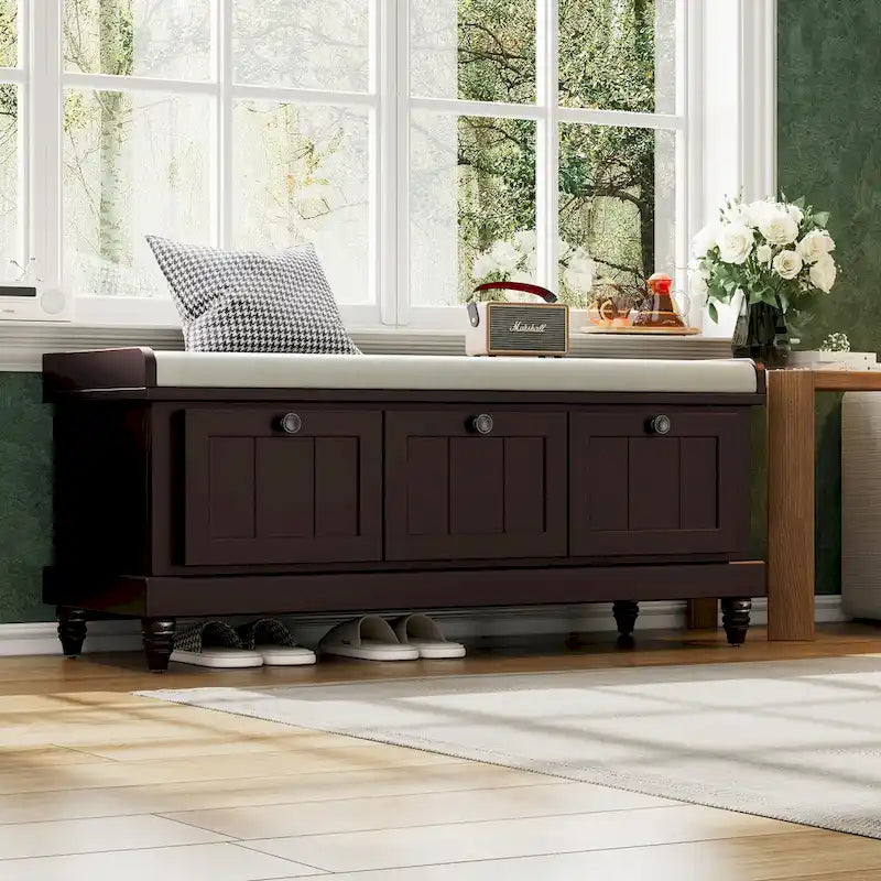 Banc à chaussures avec coussin rabattable et espace de rangement caché, banc de rangement à chaussures pour entrée avec 3 tiroirs, banc de bout de lit pour chambre