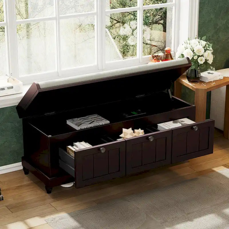 Banc à chaussures avec coussin rabattable et espace de rangement caché, banc de rangement à chaussures pour entrée avec 3 tiroirs, banc de bout de lit pour chambre