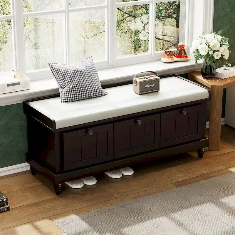 Banc à chaussures avec coussin rabattable et espace de rangement caché, banc de rangement à chaussures pour entrée avec 3 tiroirs, banc de bout de lit pour chambre