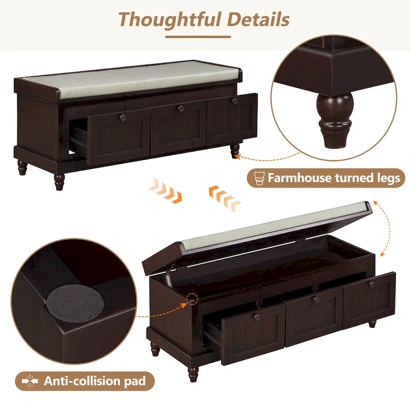 Banc à chaussures avec coussin rabattable et espace de rangement caché, banc de rangement à chaussures pour entrée avec 3 tiroirs, banc de bout de lit pour chambre
